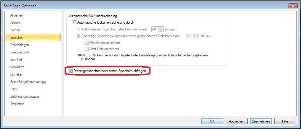 Solid Edge Dateieigenschaften abfragen beim Speichern