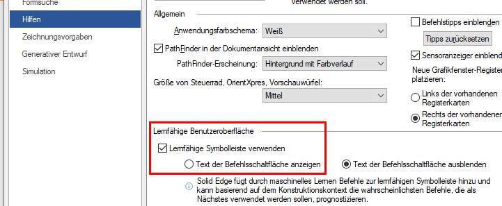 Selbstlernende Symbolleiste in Solid Edge ausblenden