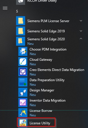 Lizenzdienstprogramm Solid Edge 2020 Startmenü