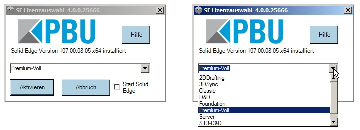 Solid Edge PBU Lizenzauswahl Tool