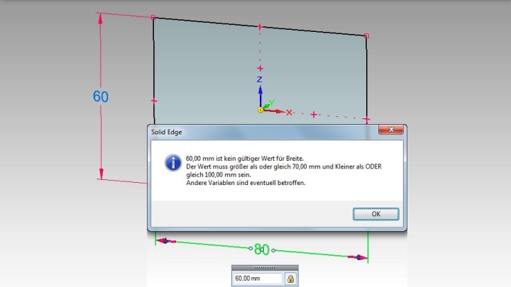 Abb. 12 Solid Edge Meldung bei fehlerhafter Eingabe