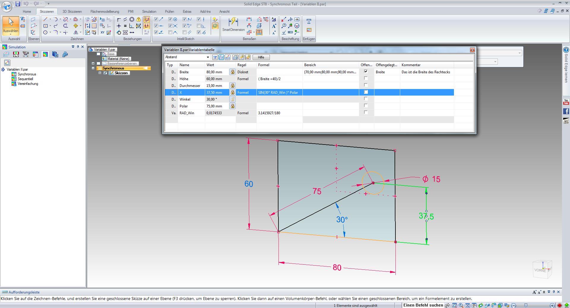 Solid Edge Variablentabelle mit Formel für "X"