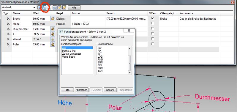 Solid Edge Variablentabelle mit den Funktionen