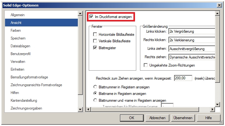 Solid Edge Optionen