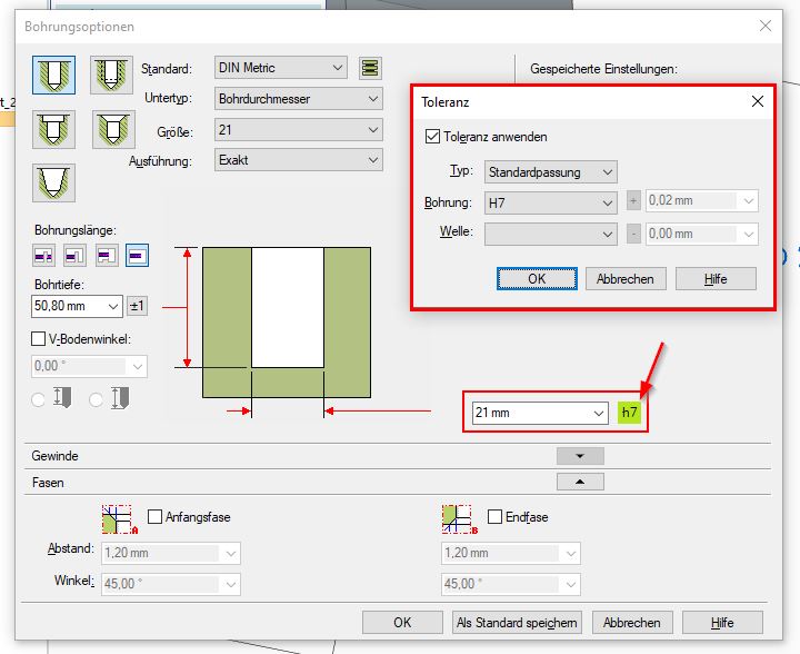 Solid Edge Bohrungsdialog