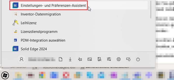 Einstellungen- und Präferenzen-Assistent in Windows Startleiste